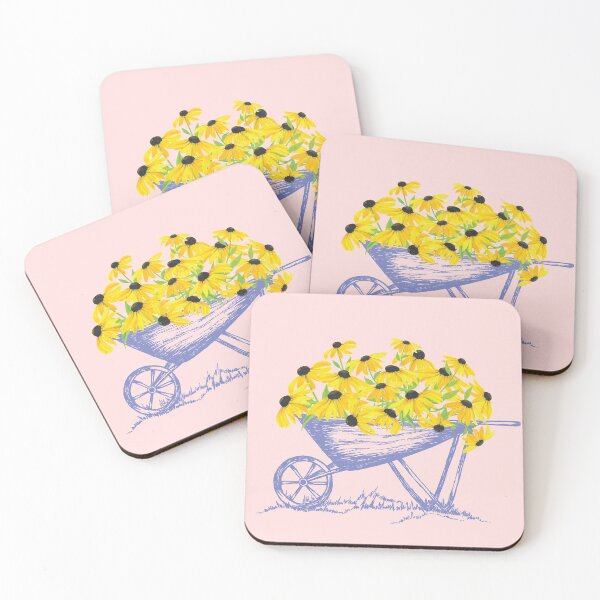 Item preview, Black eyed yellow susan flowers in blue sketched wheel barrow designed and sold by The Pattern Mill.
