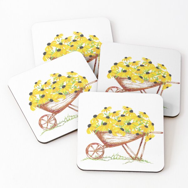 Item preview, Black eyed yellow susan flowers in rusty sketched wheel barrow designed and sold by The Pattern Mill.