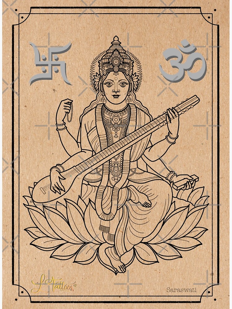 Premium Vector | Saraswati maa hindu goddess of knowledge on lotus flower  and playing veena instrument line drawing