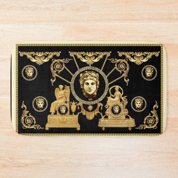 gold baroque woman figure pattern.medusa head, Baroque embroideries, stylish pattern designed with chains. Bath Mat