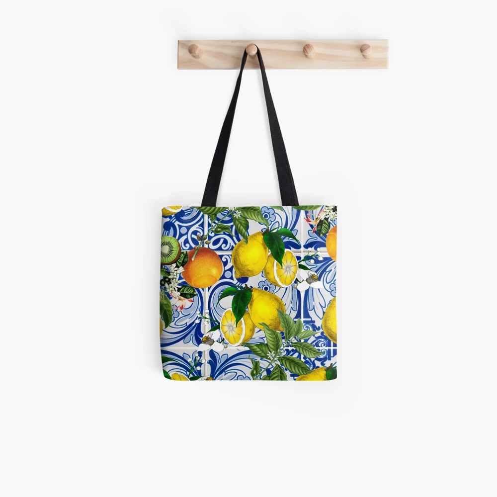 Mediterranean Lemon on Blue Ceramic Tiles Tote Bag for Sale by kapotka