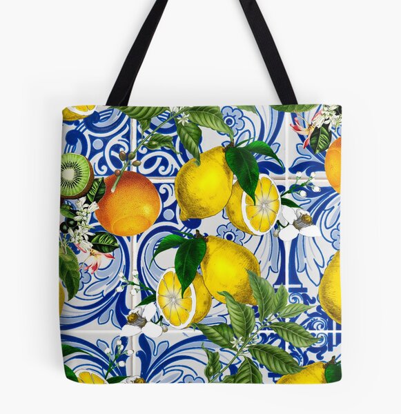 Mediterranean tile and lemon print cotton market bag, blue azulejo tile  reusable zero waste shopping bag, Italian style wedding favor gift