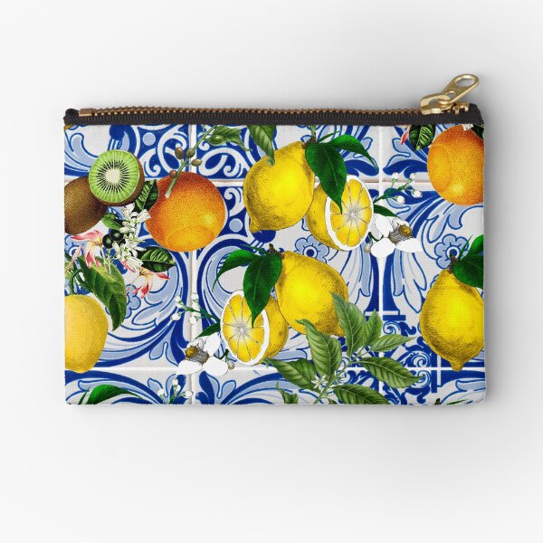 Mediterranean Lemon on Blue Ceramic Tiles Zipper Pouch