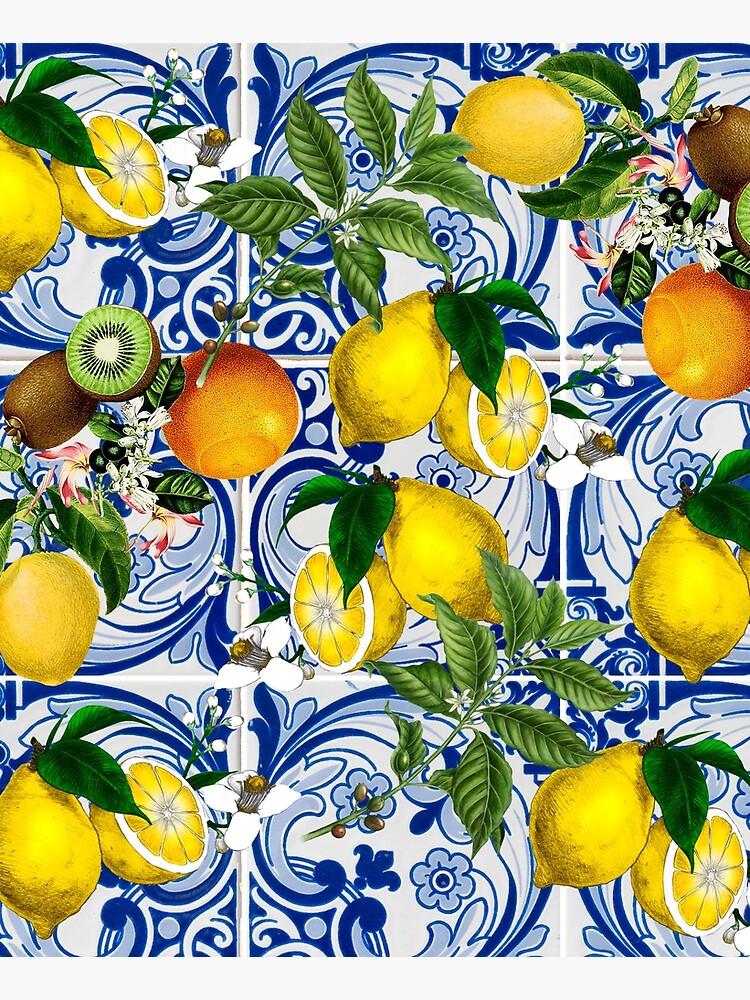 Mediterranean Lemon on Blue Ceramic Tiles by kapotka