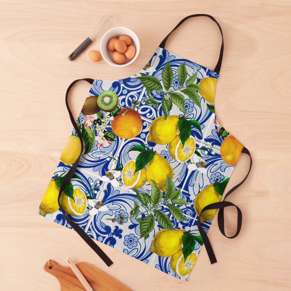 Mediterranean Lemon on Blue Ceramic Tiles Apron