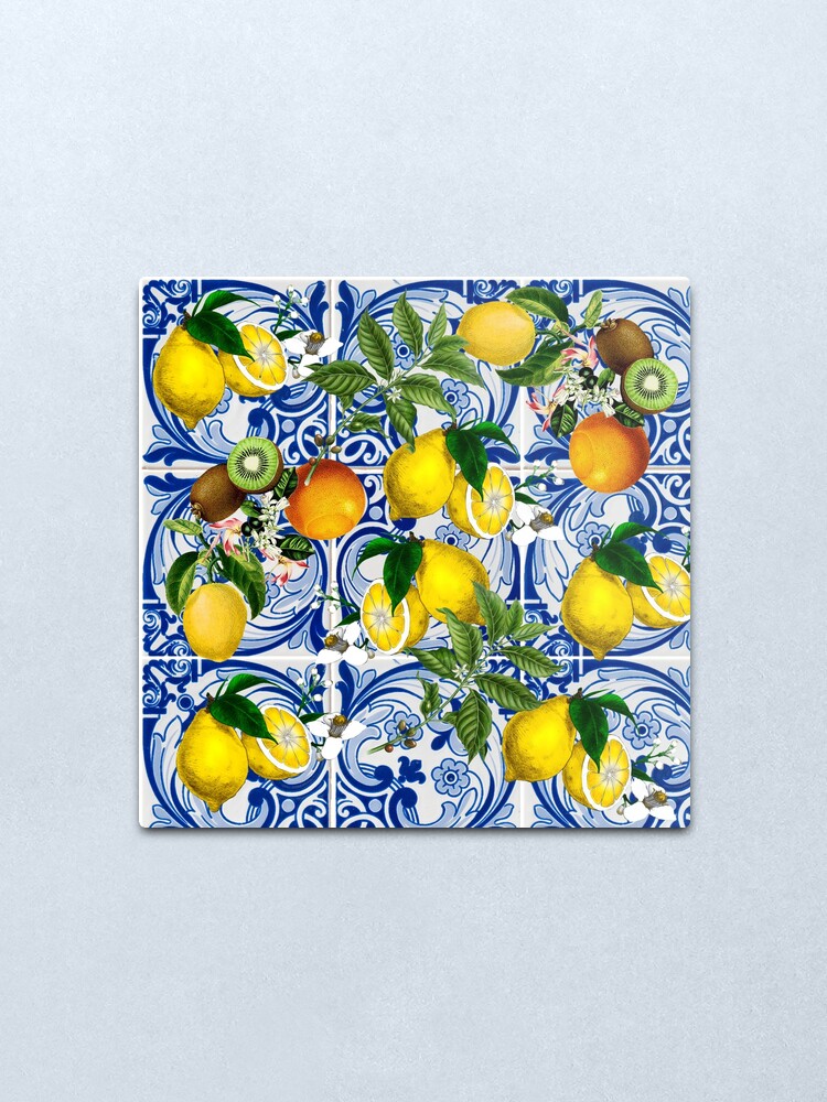 Alternate view of Mediterranean Lemon on Blue Ceramic Tiles Metal Print