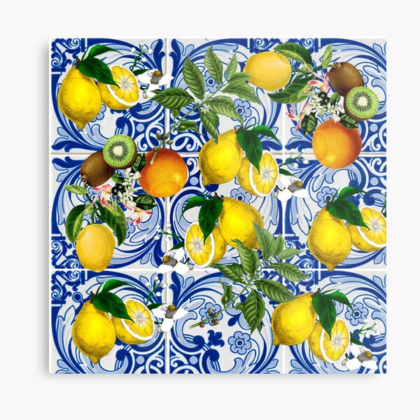 Mediterranean Lemon on Blue Ceramic Tiles Metal Print