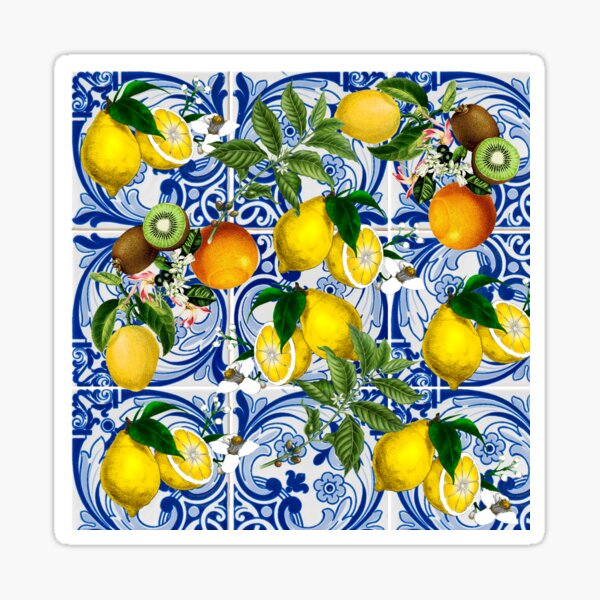 Mediterranean Lemon on Blue Ceramic Tiles Sticker