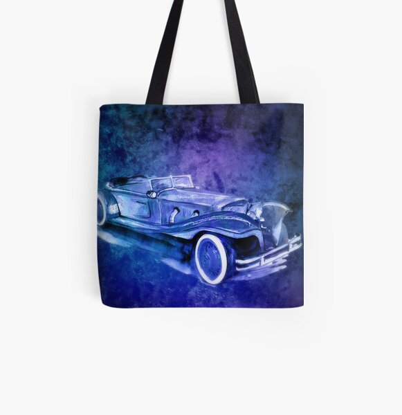 Vintage Theme Blue Car Art All Over Print Tote Bag