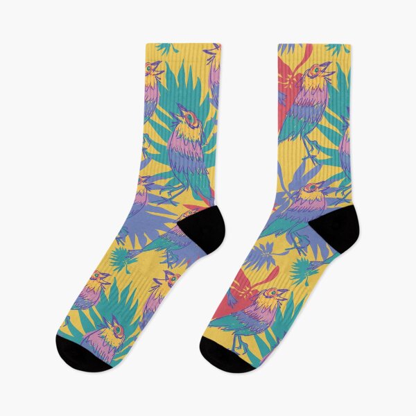 Item preview, song birds in tropical jungle colorful yellow pattern designed and sold by EarthyPlanty.