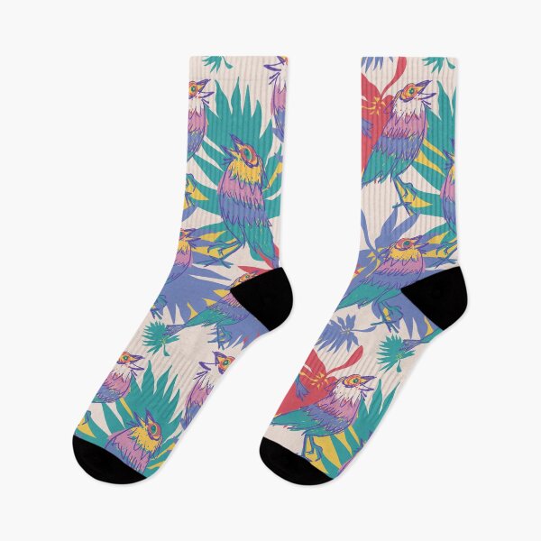 Item preview, song birds in tropical jungle colorful cream pattern designed and sold by EarthyPlanty.
