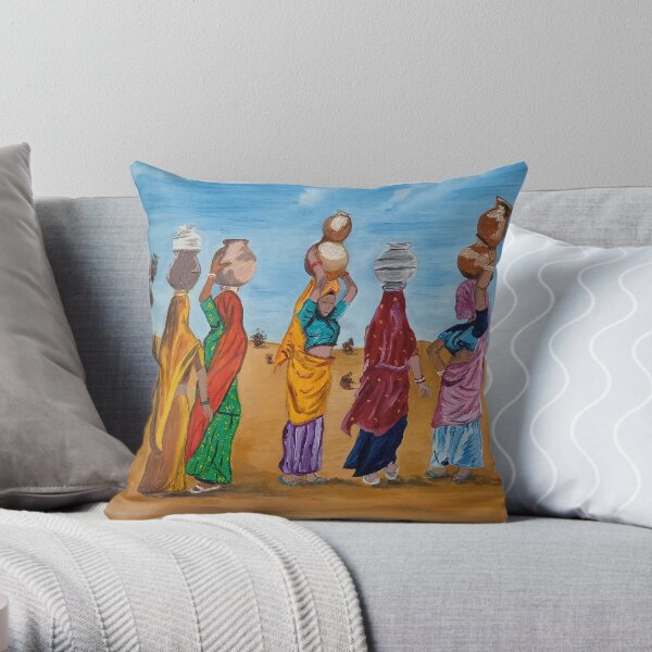 Indian women crossing a desert to fetch some water. Its their fun time to chit chat and gossip. Throw Pillow