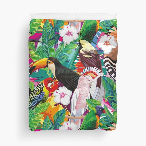 Seamless Composition Tropical Bird Toucan Parrot Hoopoe Palm Leaves Duvet Cover