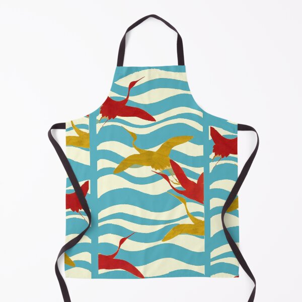Item preview, RED YELLOW FLYING CRANES ON WHITE BLUE SEA WAVES designed and sold by BulganLumini.