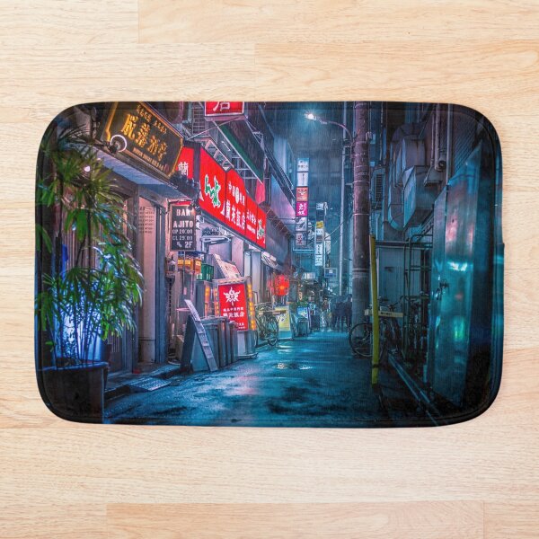 Heavy Rain Over Neo Tokyo Bath Mat
