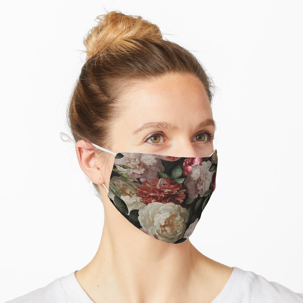 Antique Jan Davidsz. de Heem Lush Roses Flowers On Black Pattern Mask
