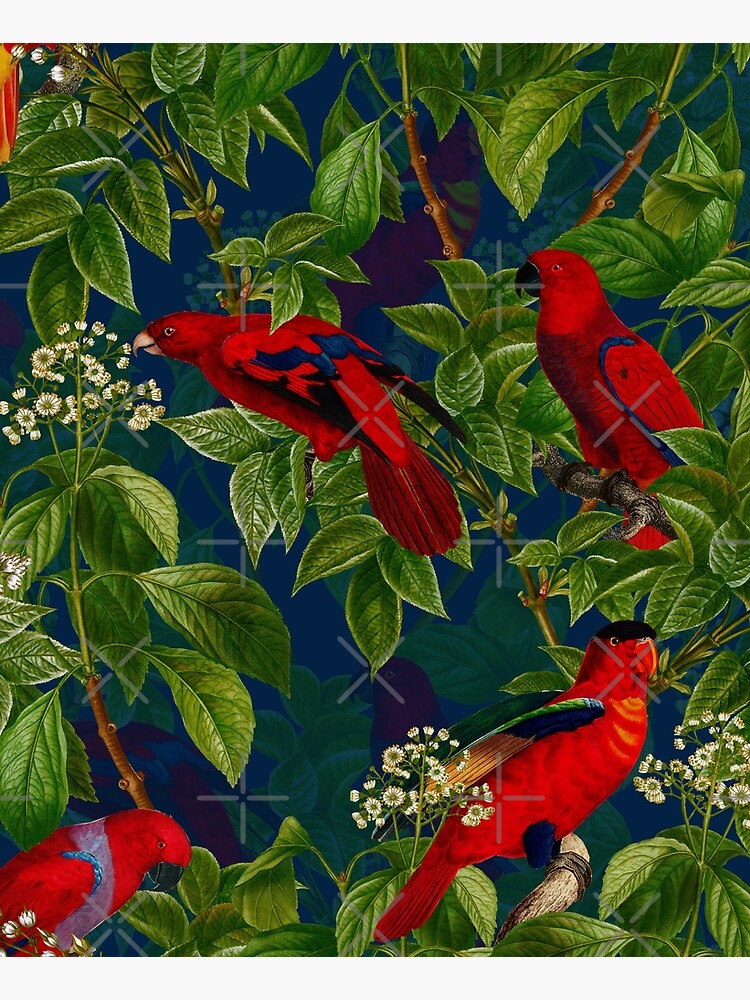 Vintage Red Parrot in Green Jungle Pattern by UtArt