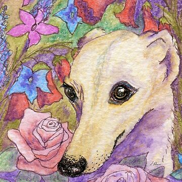 Artwork thumbnail, Shy flower whippet greyhound dog hiding in the garden by SusanAlisonArt