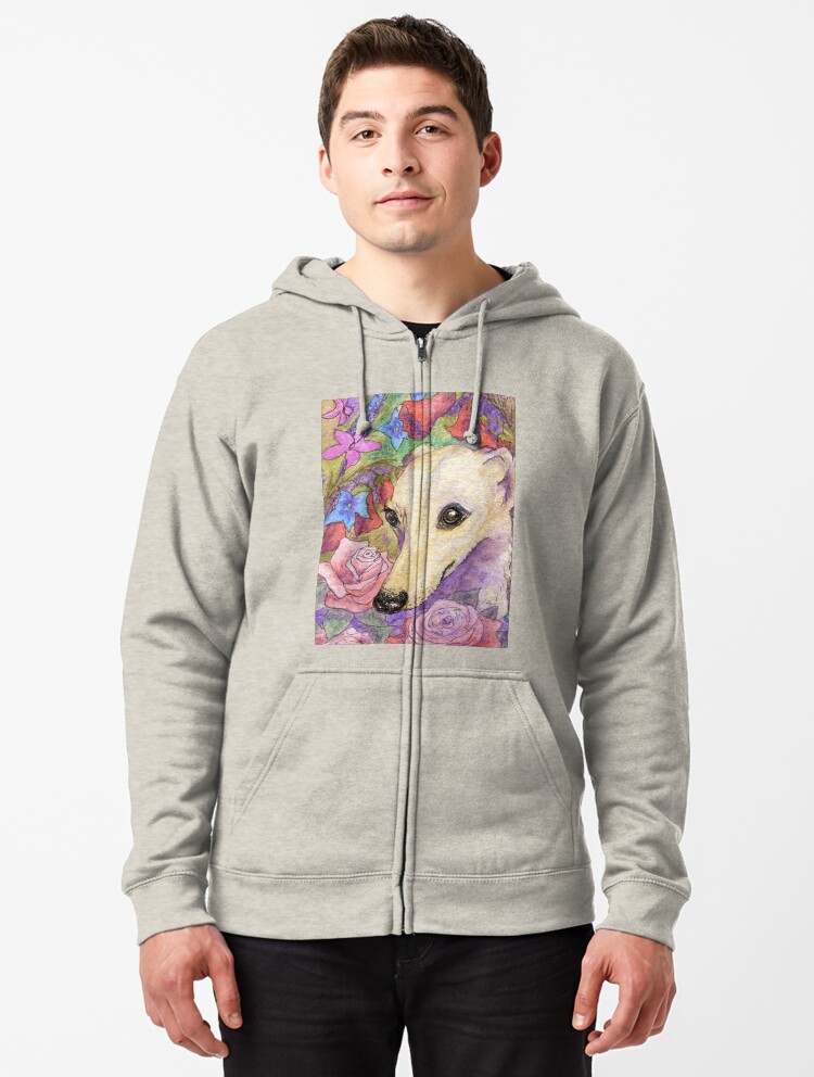 Thumbnail 1 of 5, Zipped Hoodie, Shy flower whippet greyhound dog hiding in the garden designed and sold by SusanAlisonArt.