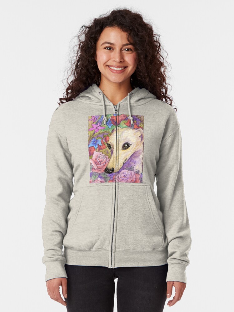 Thumbnail 2 of 5, Zipped Hoodie, Shy flower whippet greyhound dog hiding in the garden designed and sold by SusanAlisonArt.