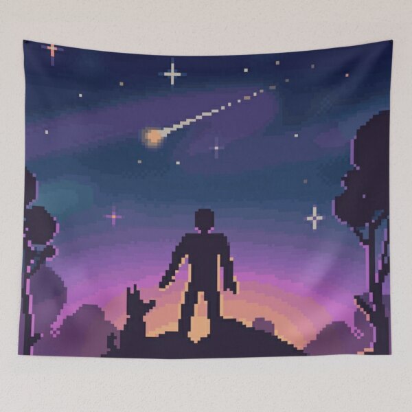 Aperçu de l'œuvre Un homme et son copain pixelisés observent les étoiles créée et vendue par HopeDetour.