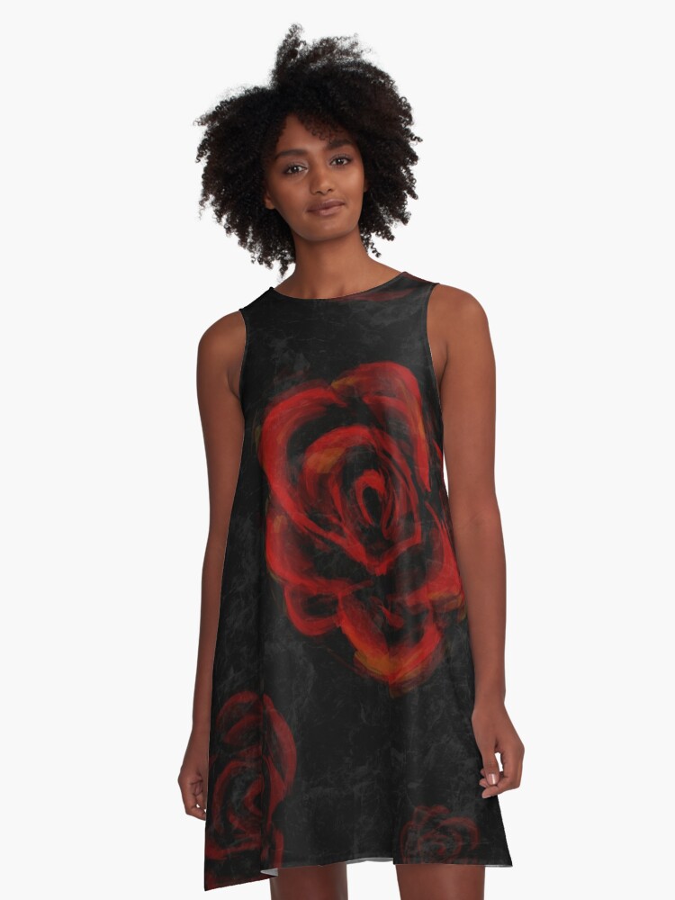 black dress with red roses on it