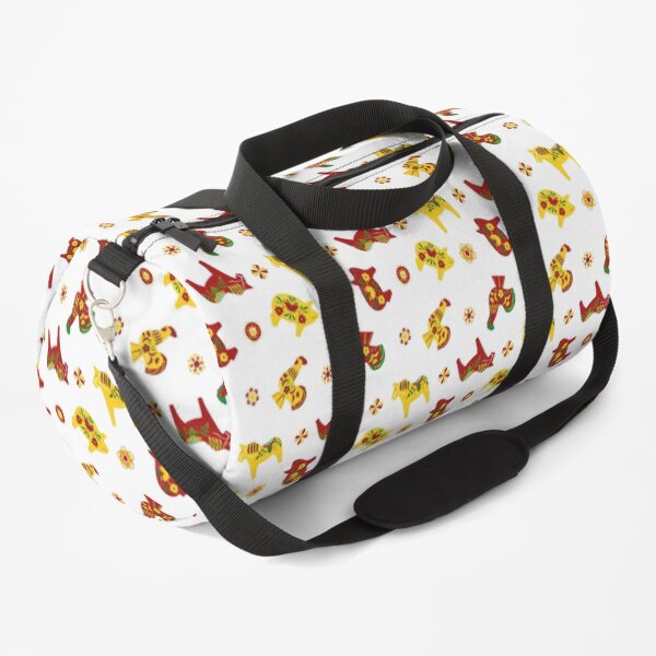 Folk Art - Swedish Dala Animal Farm Pattern - Red Yellow Green Duffle Bag