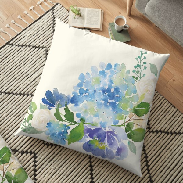 Blue Watercolor Hydrangea Floor Pillow