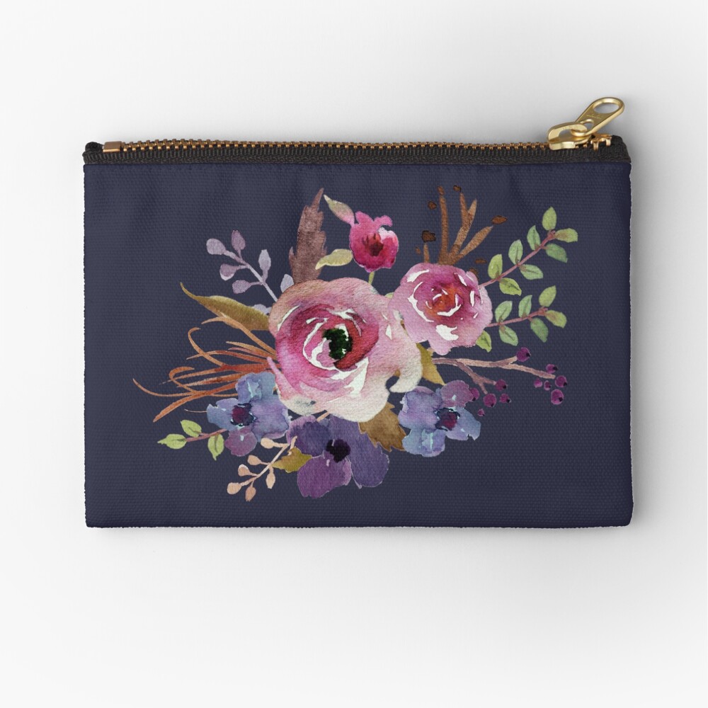 Burgundy Blue Watercolor Flower Bouquet Zipper Pouch