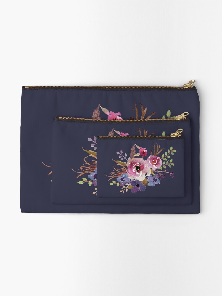 Alternate view of Burgundy Blue Watercolor Flower Bouquet Zipper Pouch