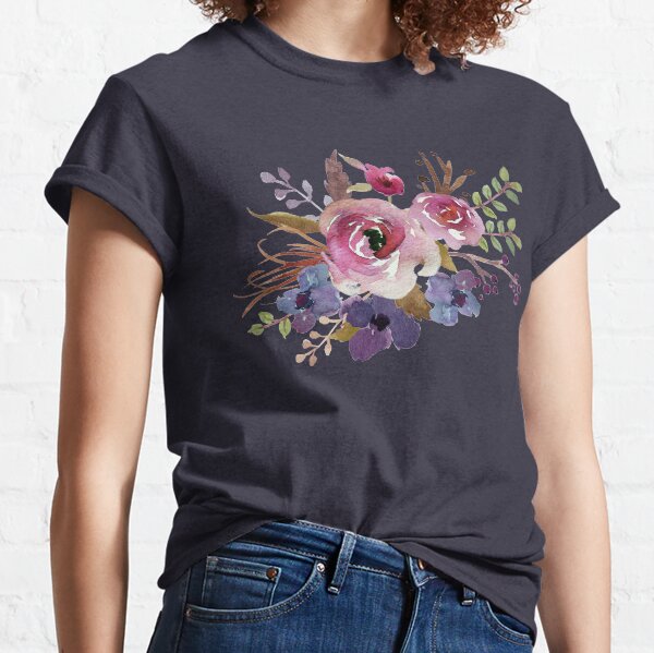 Burgundy Blue Watercolor Flower Bouquet Classic T-Shirt