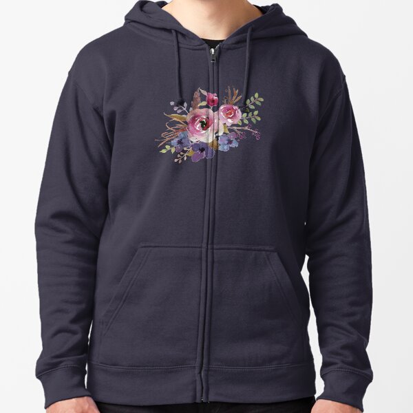 Burgundy Blue Watercolor Flower Bouquet Zipped Hoodie