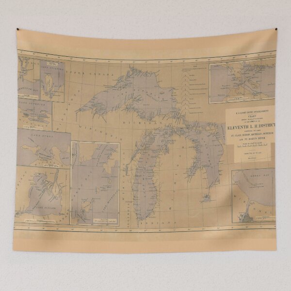 Item preview, Vintage Lake Michigan, Huron & Superior Lighthouse Map (1875) designed and sold by BravuraMedia.