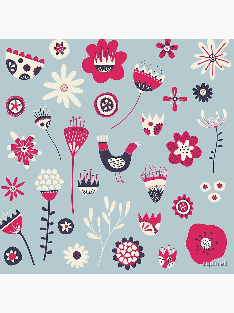 Scandi Birds and Flowers Blue by squirrell