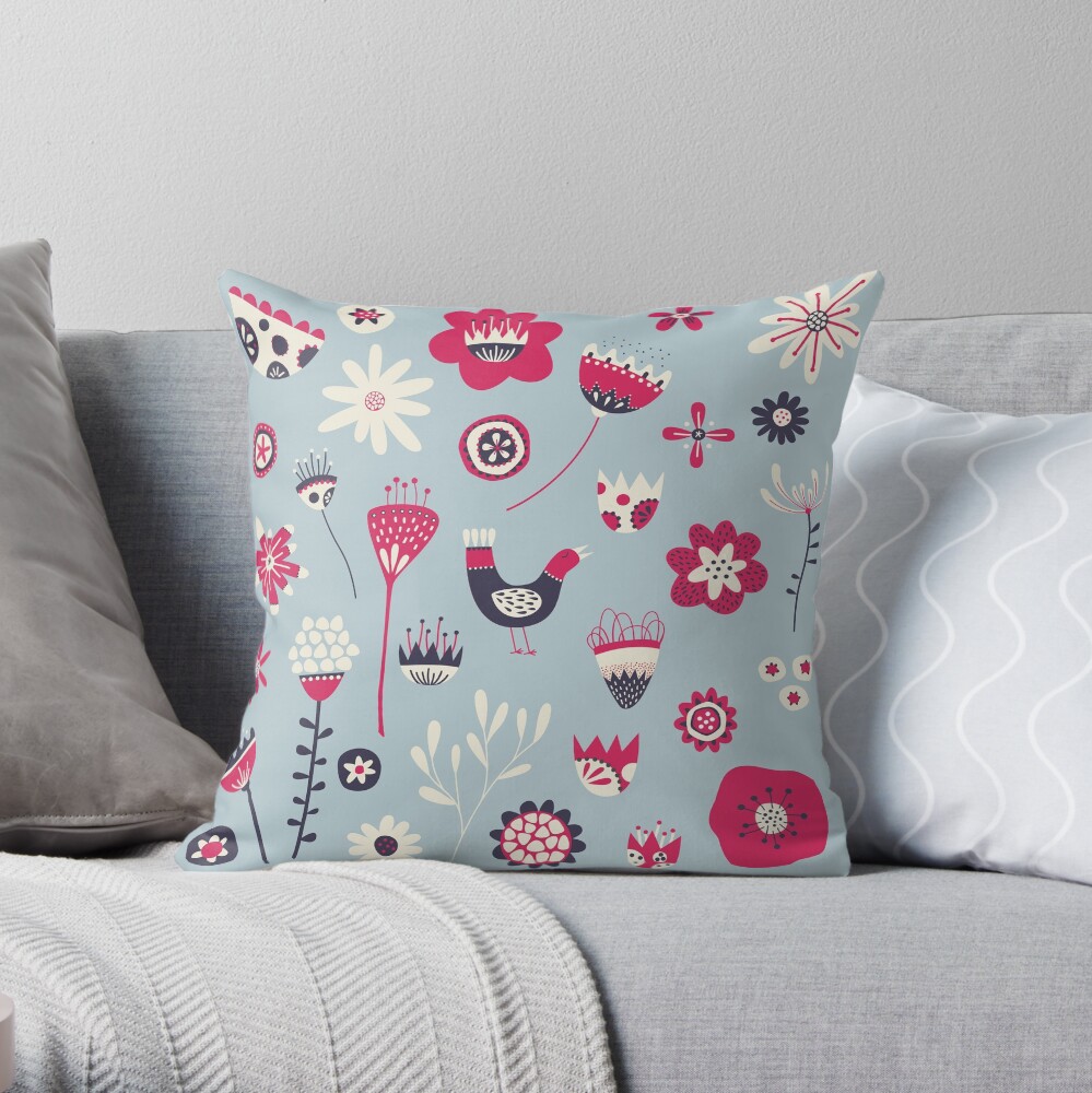 Scandi Birds and Flowers Blue Throw Pillow