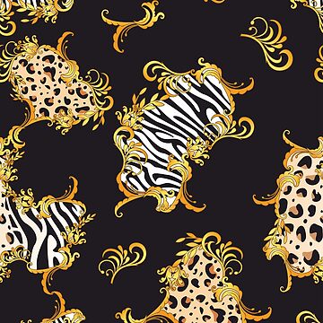 Seamless Golden Baroque Pattern with Zebra for Fabric. Trendy