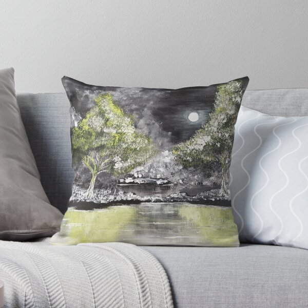 Grayscale landscape...a black and white landscape with a yellow monlight and water reflection. Throw Pillow