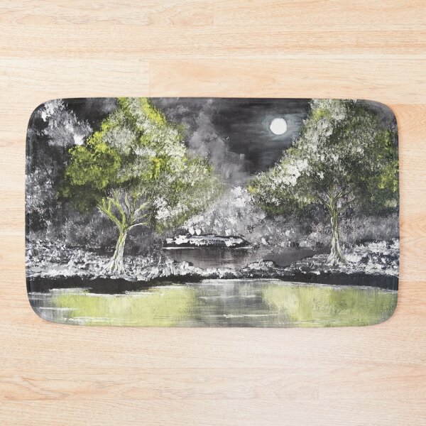 Item preview, Grayscale landscape...a black and white landscape with a yellow monlight and water reflection. designed and sold by Abha-Hues.
