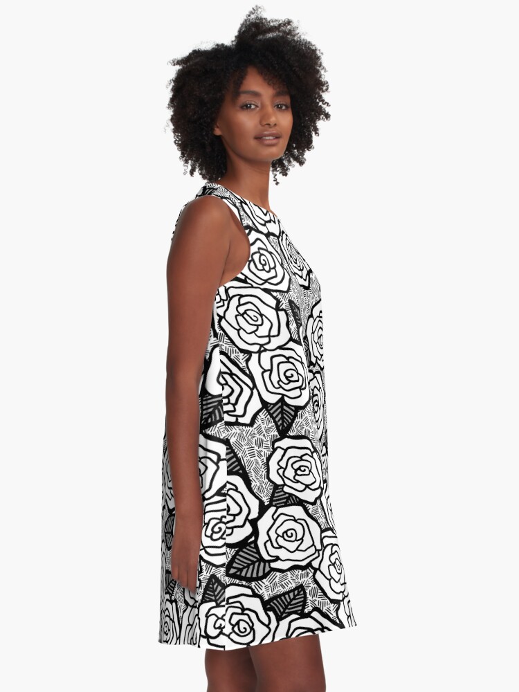 Black and White Rose Pattern A-Line Dress for Sale by Ithelda