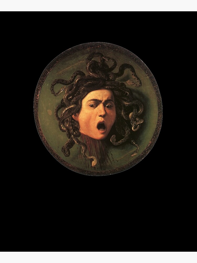 Medusa. Gorgon. Venomous snakes in place of hair. Monster. Greek Mythology. Michelangelo, Caravaggio. on BLACK. by TOMSREDBUBBLE