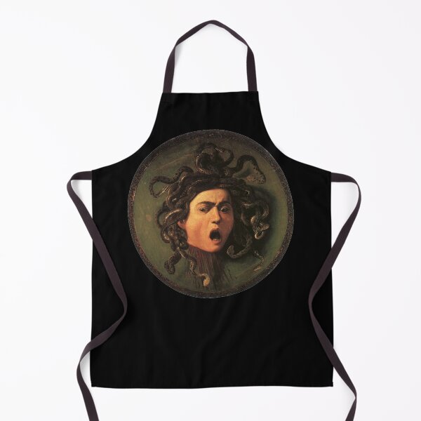 Medusa. Gorgon. Venomous snakes in place of hair. Monster. Greek Mythology. Michelangelo, Caravaggio. on BLACK. Apron