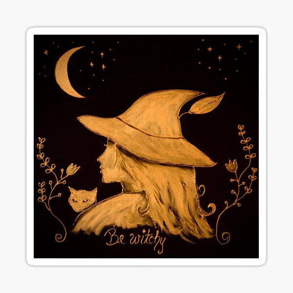 Hexe mit Katze, Mond und Ornamenten in gold Sticker