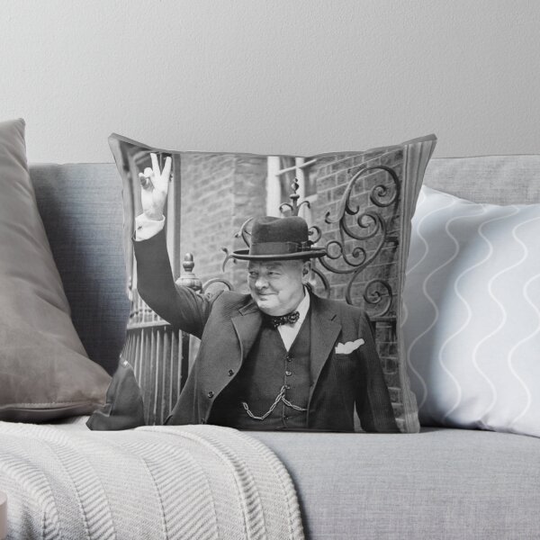 CHURCHILL. British prime minister, V sign, Victory, 1943, WWII. Throw Pillow