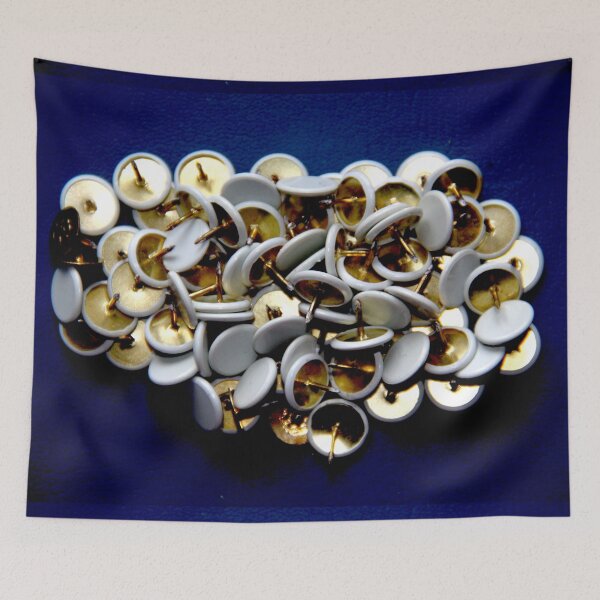 Item preview, White metallic drawing pins blue background	 designed and sold by EstelleRossetti.