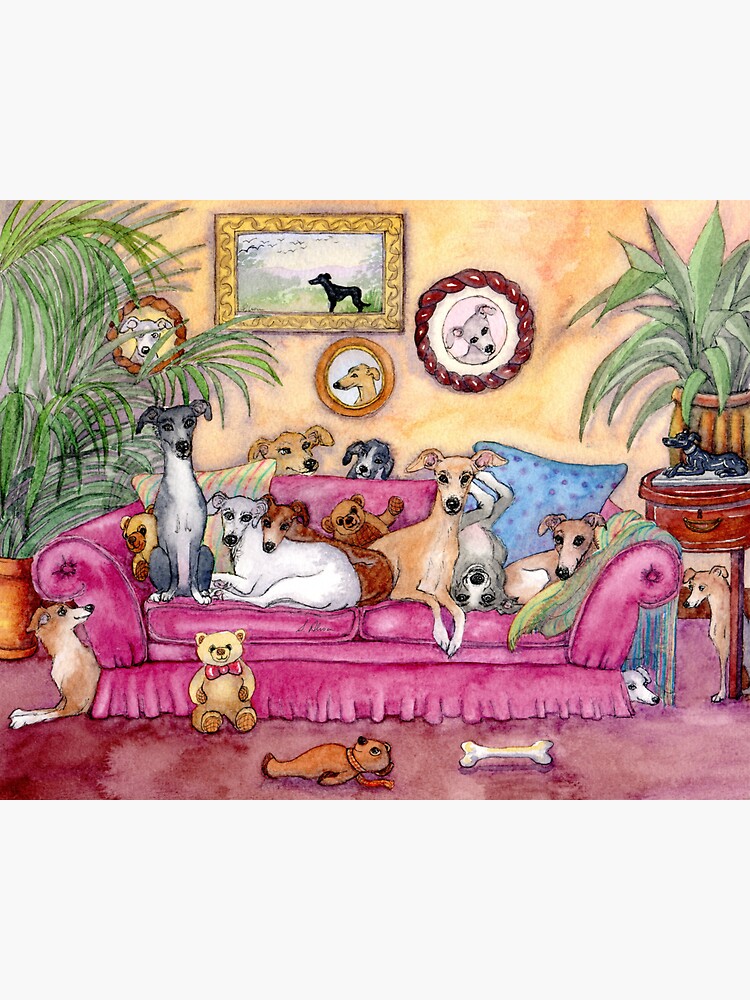 Thumbnail 3 of 3, Sticker, This is our sofa. So - where's yours? Greyhounds and whippets on the couch. designed and sold by SusanAlisonArt.