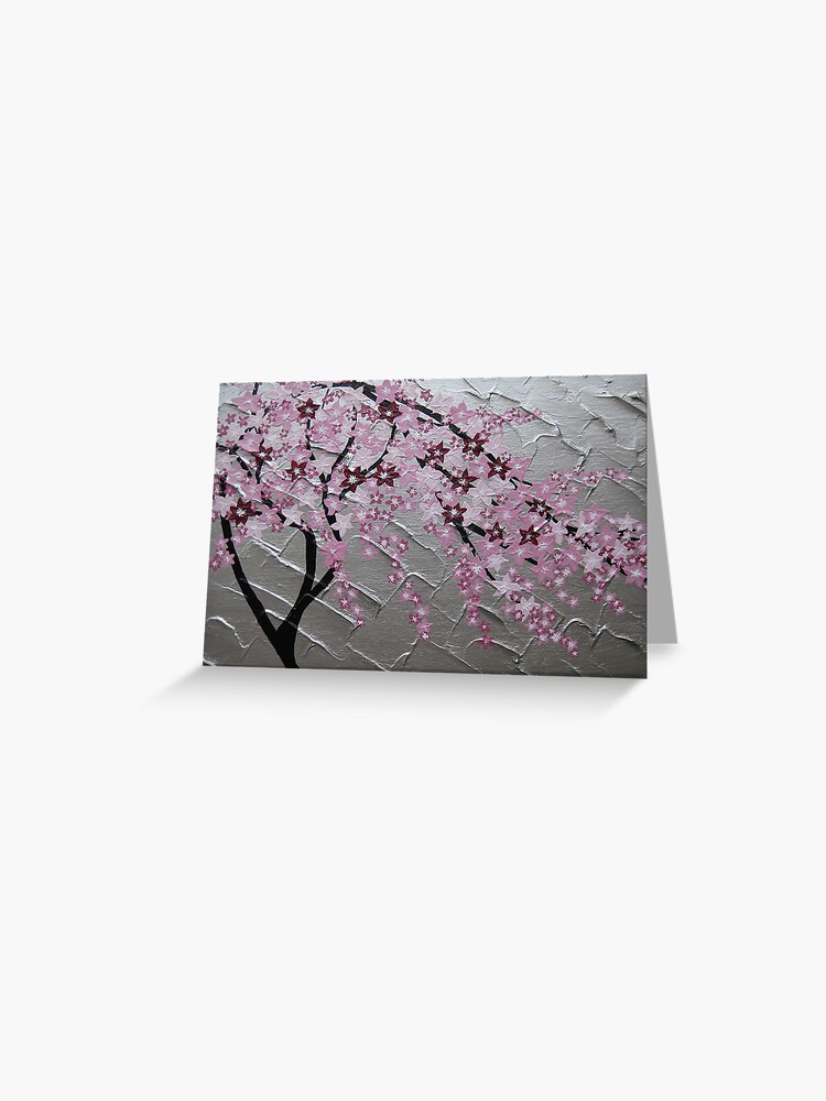 Thumbnail 1 of 2, Greeting Card, cherry blossom tree art with white and pink- japanese painting designed and sold by cathyjacobs.
