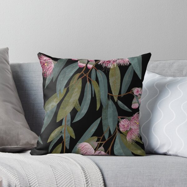 Pink Australian Eucalyptus on black Throw Pillow