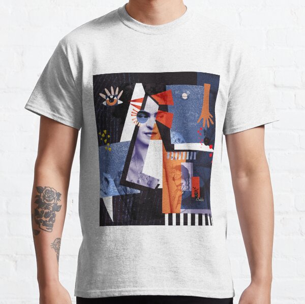 Portrait de Frida Kahlo réalisé en technique mixte, photo et Peinture avec les couleurs rouge orange bleu. T-shirt classique