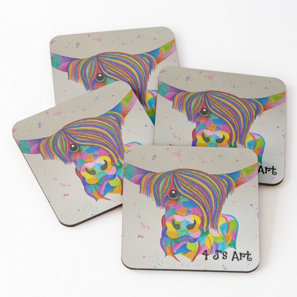 Colourful Highland Cow with rainbow colours painted with watercolours by 4 J’s Art Coasters (Set of 4)