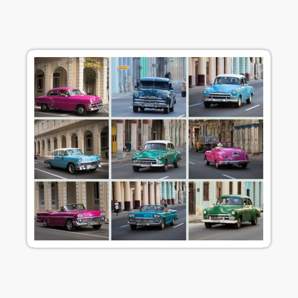 Classic Colorful Cars of Havana Cuba Pink Blue and Green Sticker